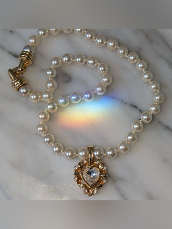 Swarovski Jewelry - Swarovski Vintage Heart Pearl Look Necklace SAL S.A.L. Gold Plated Gold Tone